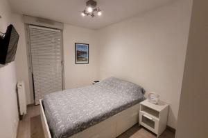 里昂Appartement Voie Lactée Lyon的一间小卧室,配有床和床头柜