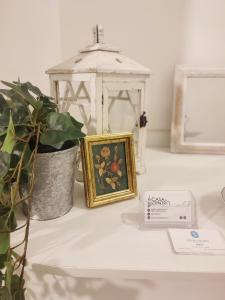 福贾Casa in Centro Foggia的一张桌子,上面有一张照片,一张灯笼和一株植物
