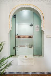 格拉纳达ADANAR-Apartamentos Muralla Zirí的一间房间里带玻璃门的淋浴