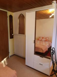 阿彭策尔Ferienzimmer Appenzell的一间卧室配有一张带镜子的双层床