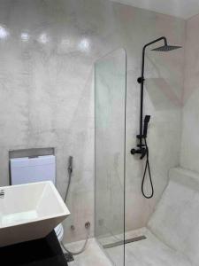 布宜诺斯艾利斯Studio Palermo Hermoso Con Balcon的带淋浴、盥洗盆和卫生间的浴室