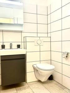 迪蒂孔Casa Ambizione的白色的浴室设有卫生间和水槽。