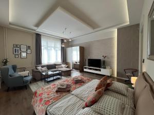 德布勒森Visit Debrecen Apartman的一个带床和沙发的大客厅