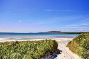 SandayOrkney Retreats 1 2 and 3 bedroom Island Farmhouses & Cottages的一片沙子、水和草的海滩