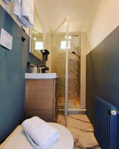 巴拉吕克莱班Hôtel du Golfe Sete-Balaruc的带淋浴、卫生间和盥洗盆的浴室