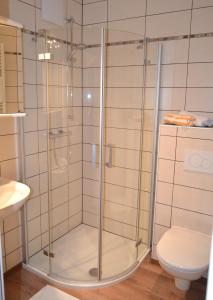 GasenGasthof Pension Schweiger "JAGAWIRT"的一间带卫生间的浴室内的玻璃淋浴间