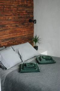 图库姆斯"Quiet Center" apartment, close to train station的床上有两条绿色毛巾