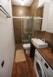 图库姆斯"Quiet Center" apartment, close to train station的浴室配有卫生间、盥洗盆和洗衣机。