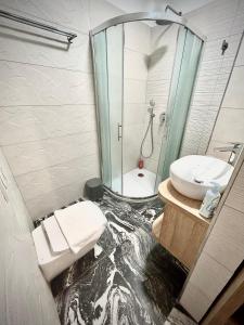 卢布尔雅那OH客房公寓 的一间带玻璃淋浴和水槽的浴室