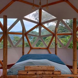 科科尔纳Glamping Rio Melcocho的一张位于带大窗户的房间内的床铺