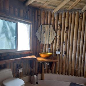 科科尔纳Glamping Rio Melcocho的浴室设有木墙、窗户和碗