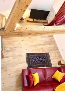 拉旺泽诺Le Gîte de la Grange的客厅配有红色真皮沙发和平面电视。