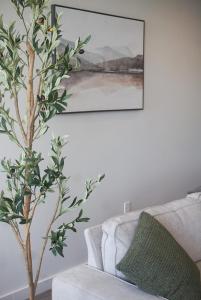 巴吞鲁日Entire High-Rise Apartment - 2BD的沙发旁客厅里的一棵树