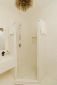 瓦塔穆Cacuki Boutique House的带淋浴和盥洗盆的白色浴室