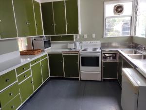 WairoaThe Frasertown Tavern的厨房配有绿色橱柜和白色家电