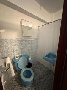 别克斯Vieques Tropical Guest House的浴室设有蓝色的卫生间和水槽。