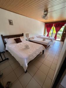 托尔图格罗Tortuguero Hill Rooms的卧室内的两张床,配有红色窗帘