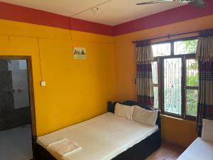 索拉哈Tara guesthouse - Sauraha,Chitwan的客房设有一张带黄色墙壁和窗户的床。