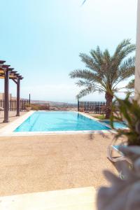 索瓦马Little Venice Chalet- Private Villa- Dead Sea Jordan的一座游泳池,旁边是一座棕榈树