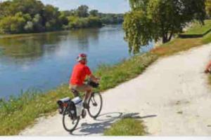 Lion-en-SulliasChalet LA PERCHE au bord de l'eau的骑着自行车在河边的路上的人