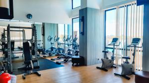 巴淡岛中心Palam Mansion at Apartment One Residence的健身房设有数台跑步机和健身自行车