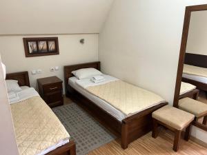 尼什DuoD的小房间设有两张床和镜子
