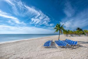 自由港市Viva Fortuna Beach by Wyndham, A Trademark All Inclusive的海滩上的两把椅子和一棵棕榈树
