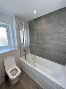 Luxury Newly Renovated House的一间带卫生间和玻璃淋浴间的浴室