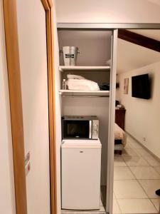 卡瓦永La pause en luberon的小厨房配有冰箱上方的微波炉