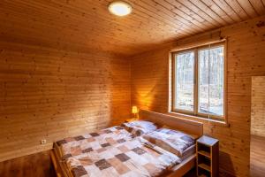 RaspenavaCHATA JIZERKY ŠOLCŮV RYBNÍK的木制客房内的一间卧室,配有一张床