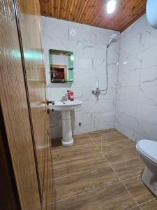 克鲁亚Castle - inside,Voga Guesthause的一间带水槽、卫生间和镜子的浴室