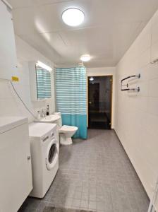 万塔Kotimaailma - Saunallinen kolmio lähellä lentokenttää的一间带洗衣机和洗衣机的浴室
