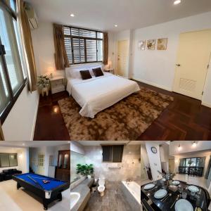 Bang KapiSukhumvit 31 Sweet Home 7 beds - up to 12 guests的一张床位和客厅卧室的两张照片