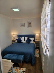 圣地亚哥Guest House Club Hípico的一间卧室配有蓝色的床和蓝色枕头