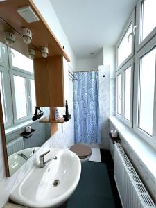 维也纳Magic Moment Apartment的一间带水槽和卫生间的浴室以及窗户。