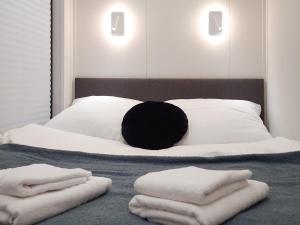 比得哥什Dom na wodzie LaMare Modern 14的一间卧室配有带毛巾的床