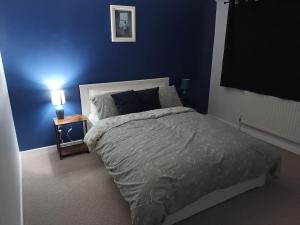 3 bedroom village house的一间卧室设有一张床和蓝色的墙壁
