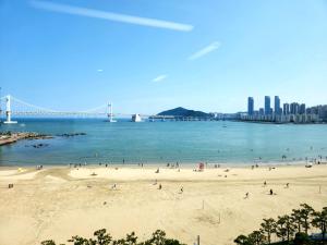 釜山Hot place的一群人住在桥边的海滩上