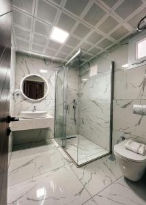 伊斯坦布尔THE PARK HOTEL的一间带玻璃淋浴和卫生间的浴室