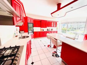 开普敦Hotel Vibes Cape Town Plattekloof的厨房配有红色橱柜和白色瓷砖地板。