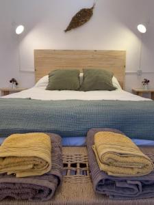 乌玛瓦卡Buena Vista Hostel的床上配有毯子和枕头
