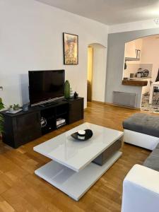 阿雅克修Charmant Appartement centre-ville的客厅配有电视和白色咖啡桌。