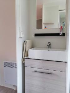 圣让-德蒙Mobil Home Le Rimbaud - 4/6 pers - 2 ch - 2 sdb的浴室设有白色水槽和镜子