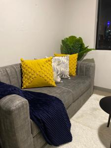 约翰内斯堡Maboneng Modern Style的灰色的沙发上配有黄色枕头