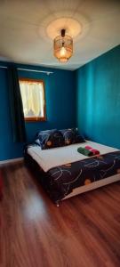 纳博讷Guest House Yemanja的一间卧室,在蓝色的墙壁上配有一张大床