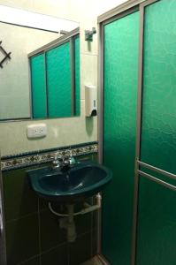 圣何塞德尔瓜维亚雷Hostal Castañeda的绿色浴室设有水槽和镜子