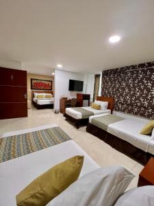 布卡拉曼加布埃纳文图拉快捷酒店的一间酒店客房,设有两张床和电视