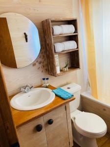 皮奇勒姆Hostal Sirena的一间带水槽、卫生间和镜子的浴室