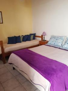 科洛尼亚-德尔萨克拉门托特里萨旅馆的紫色床单的客房内的两张床