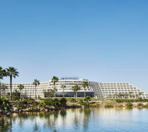 开罗开罗JW万豪酒店的棕榈树在水体前方的大型酒店